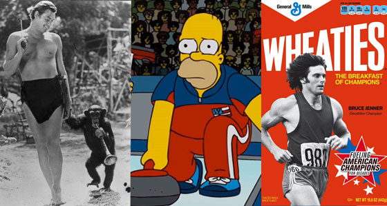 Olympics in Pop Culture, Simpsons Curling, Wheaties Bruce Jenner, Johnny Weissmuller, chimpanzee Cheetah Olympics in Pop Culture, Simpsons Curling, Wheaties Bruce Jenner, Johnny Weissmuller, chimpanzee Cheetah